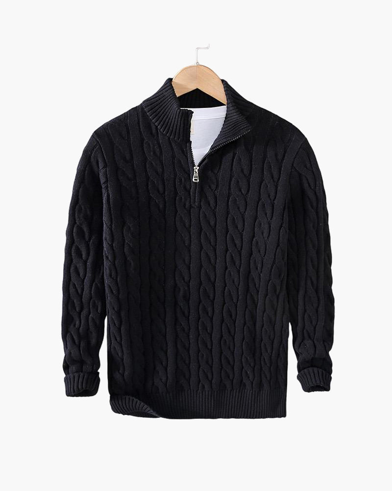 Sweter męski z półzamkiem z dzianiny warkoczowej – elegancki sweter z wysokim kołnierzem z mieszanki wełny w klasycznym stylu