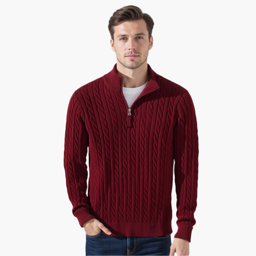 Sweter męski z półzamkiem z dzianiny warkoczowej – elegancki sweter z wysokim kołnierzem z mieszanki wełny w klasycznym stylu