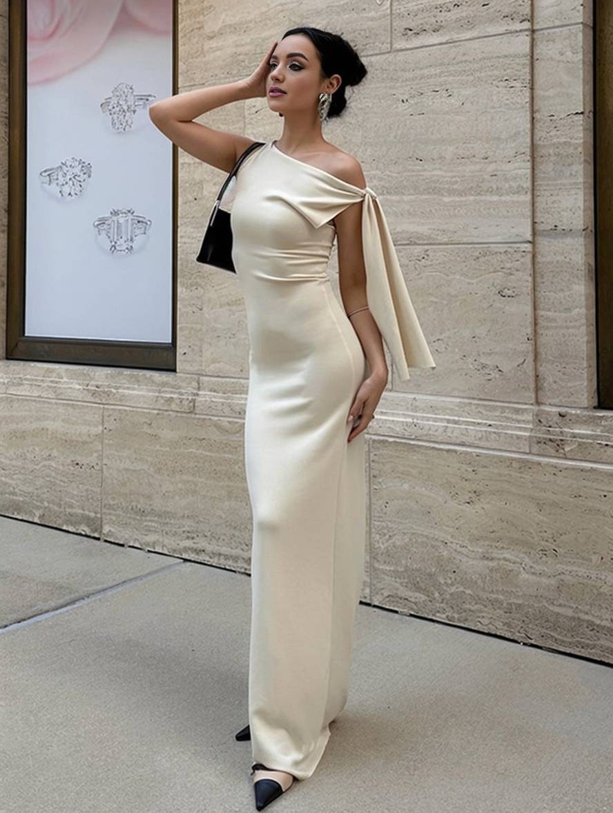 Winona Women's Evening Dress – Elegant Long One-Shoulder Sleeveless Dress with Solid Design