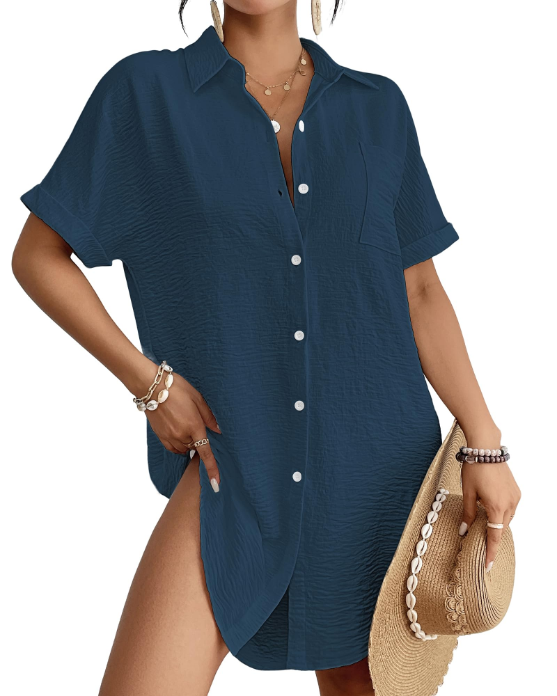 Camille Women's Beach Shirt Dress – Button-Up Cover-Up with Shirt Collar, Lightweight & Versatile Summer Fit