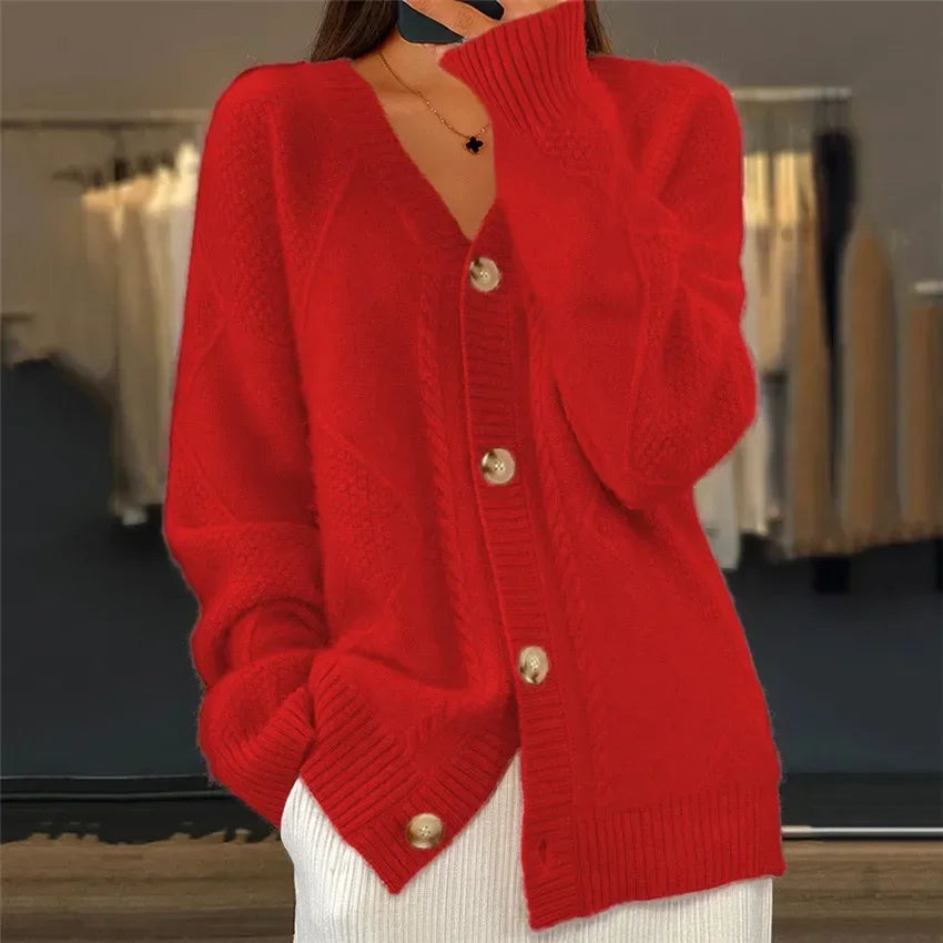Lena damescardigan – Zachte kasjmier gilet met knopen en elegante lange mouwen