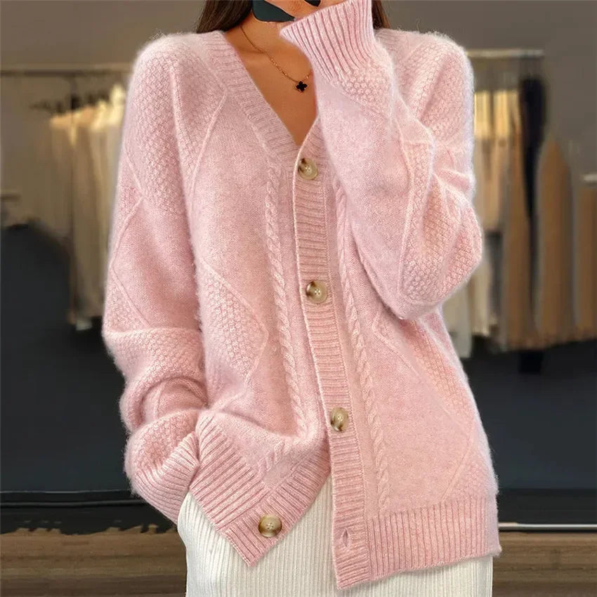 Lena damescardigan – Zachte kasjmier gilet met knopen en elegante lange mouwen