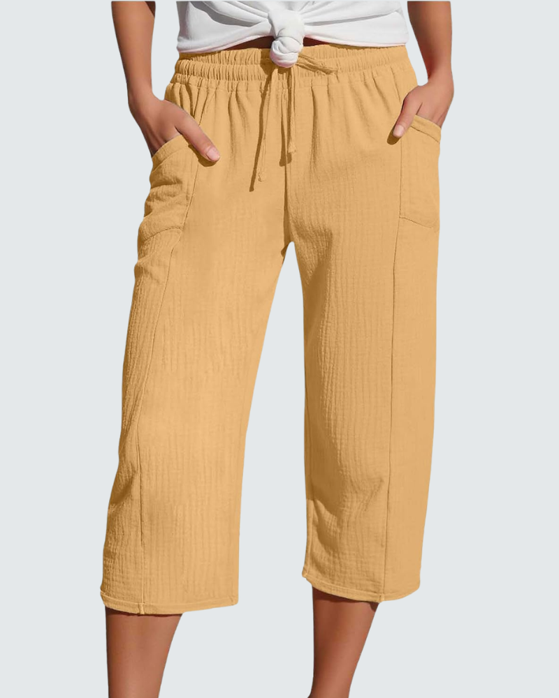 Claire Pantalone Capri Donna in Lino – Pantalone 3/4 Largo con Vita Elastica e Tasche