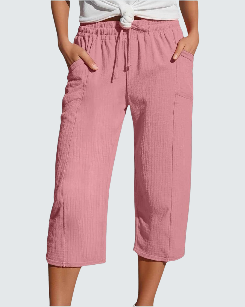 Claire Pantalone Capri Donna in Lino – Pantalone 3/4 Largo con Vita Elastica e Tasche