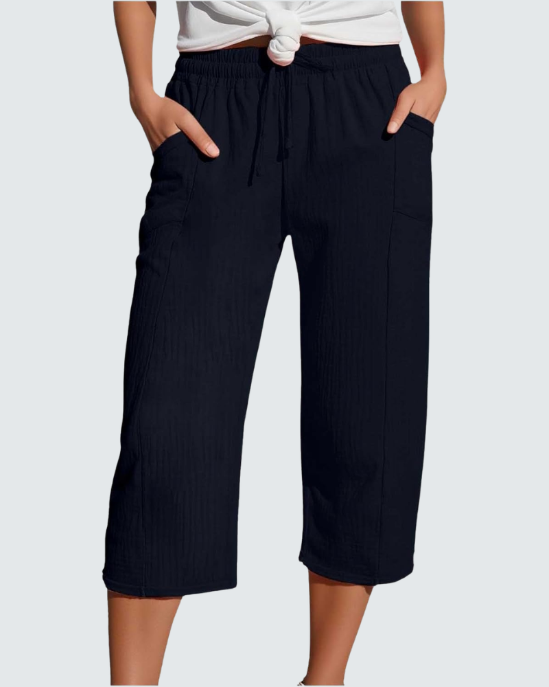 Claire Pantalone Capri Donna in Lino – Pantalone 3/4 Largo con Vita Elastica e Tasche