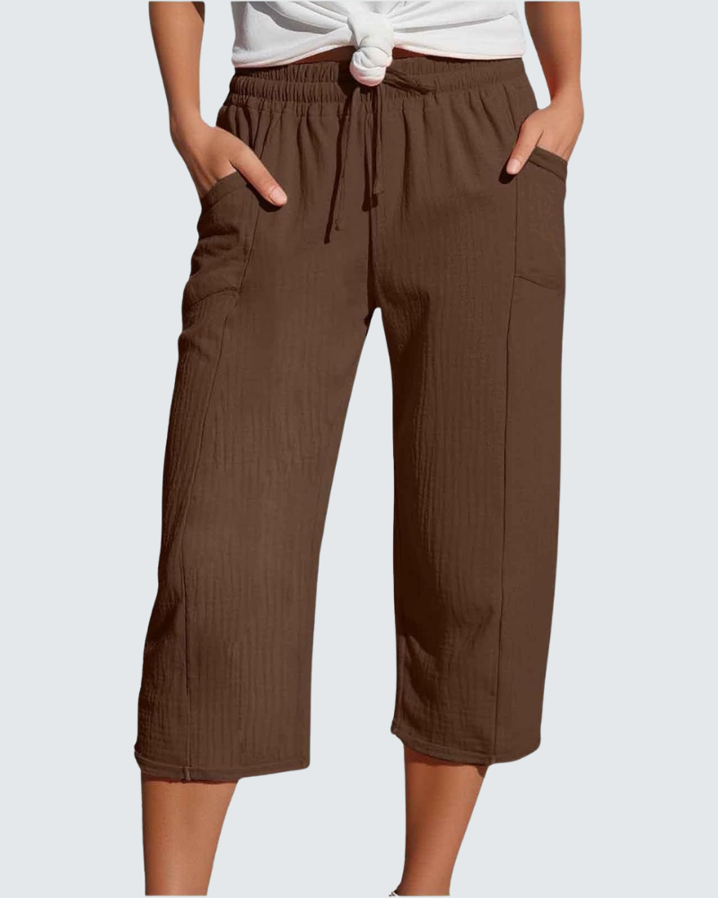 Claire Pantalone Capri Donna in Lino – Pantalone 3/4 Largo con Vita Elastica e Tasche