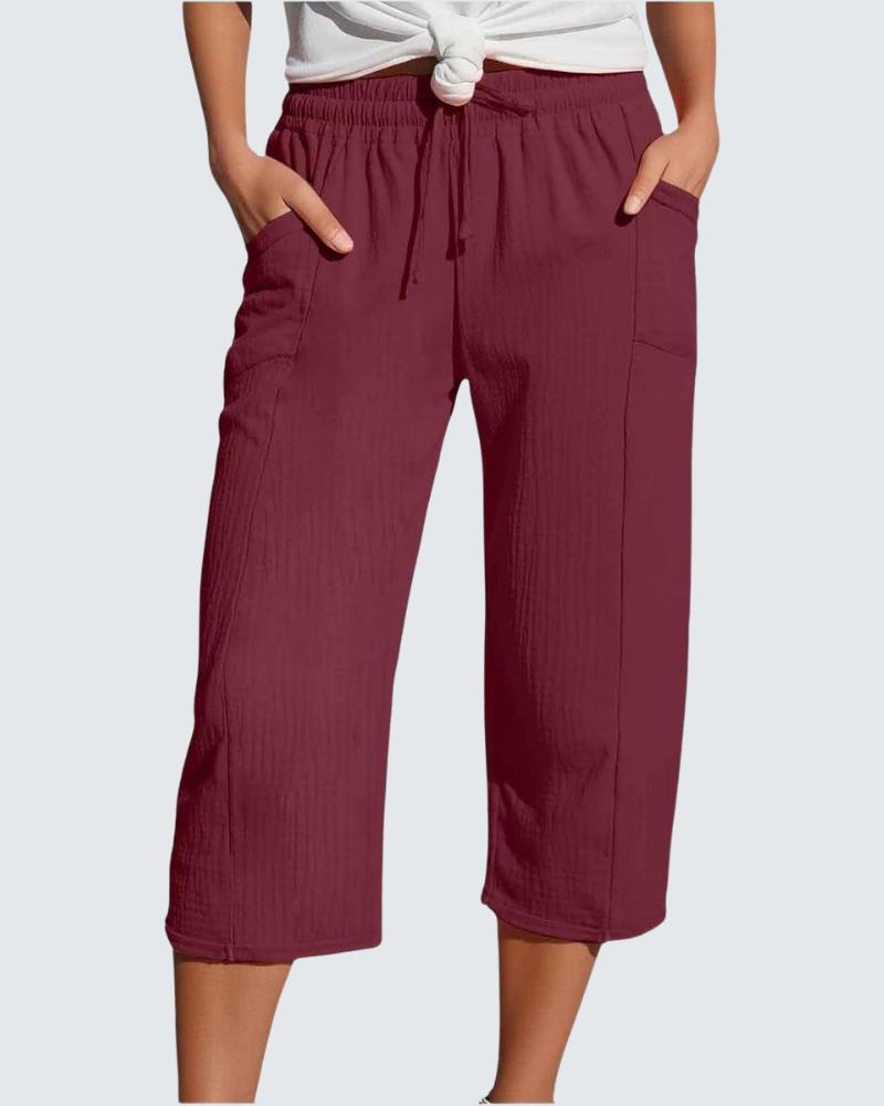 Claire Pantalone Capri Donna in Lino – Pantalone 3/4 Largo con Vita Elastica e Tasche