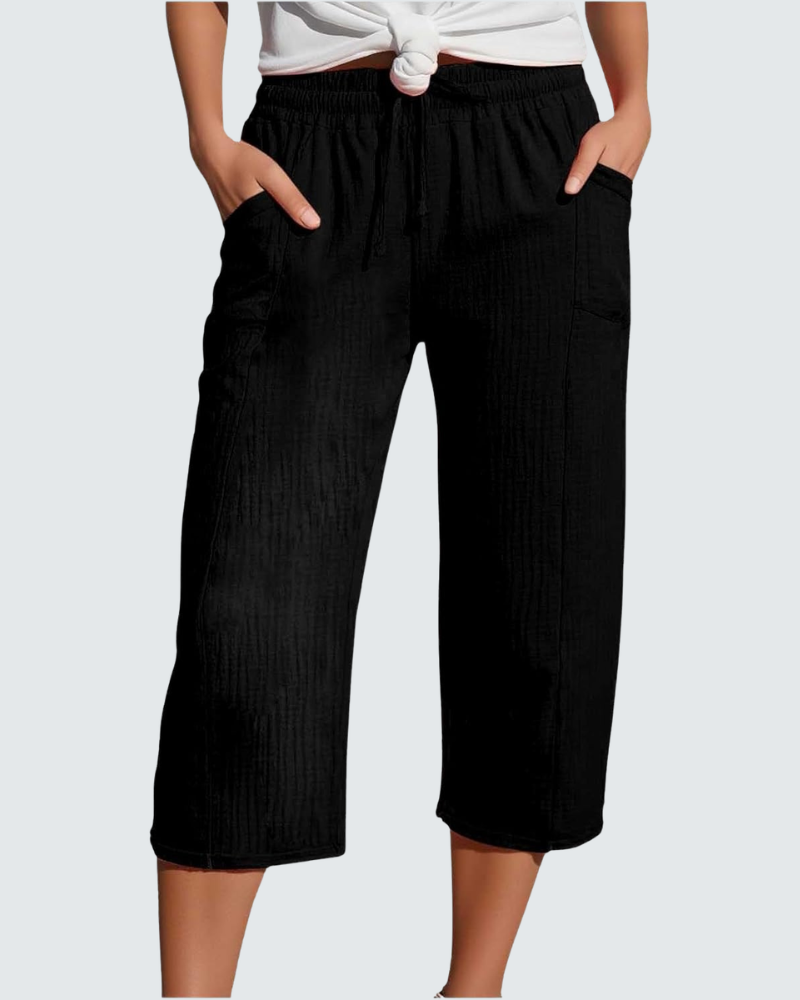 Claire Pantalone Capri Donna in Lino – Pantalone 3/4 Largo con Vita Elastica e Tasche