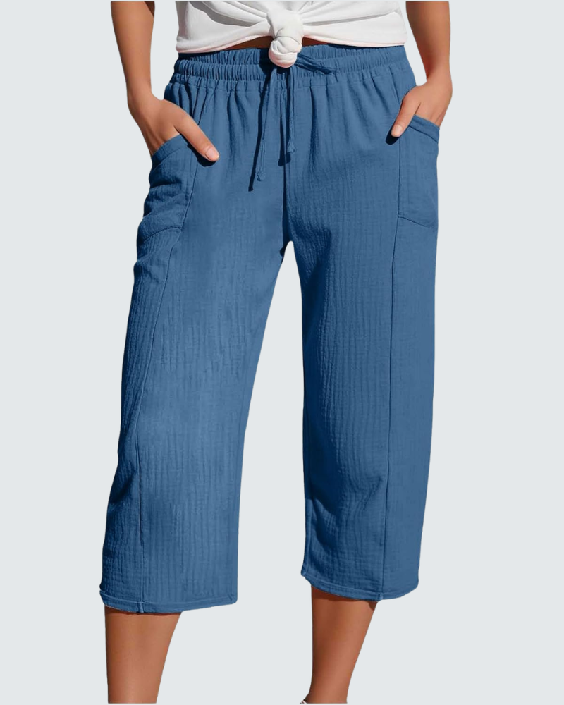 Claire Pantalone Capri Donna in Lino – Pantalone 3/4 Largo con Vita Elastica e Tasche