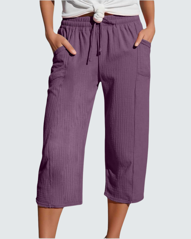 Claire Pantalone Capri Donna in Lino – Pantalone 3/4 Largo con Vita Elastica e Tasche