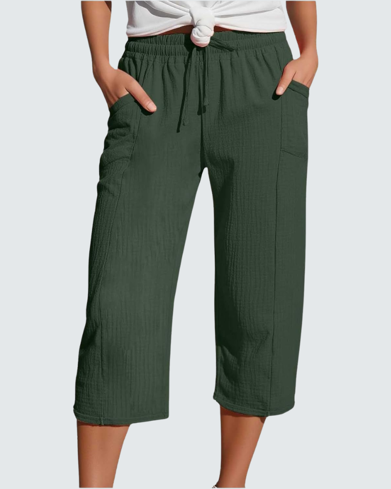 Claire Pantalone Capri Donna in Lino – Pantalone 3/4 Largo con Vita Elastica e Tasche