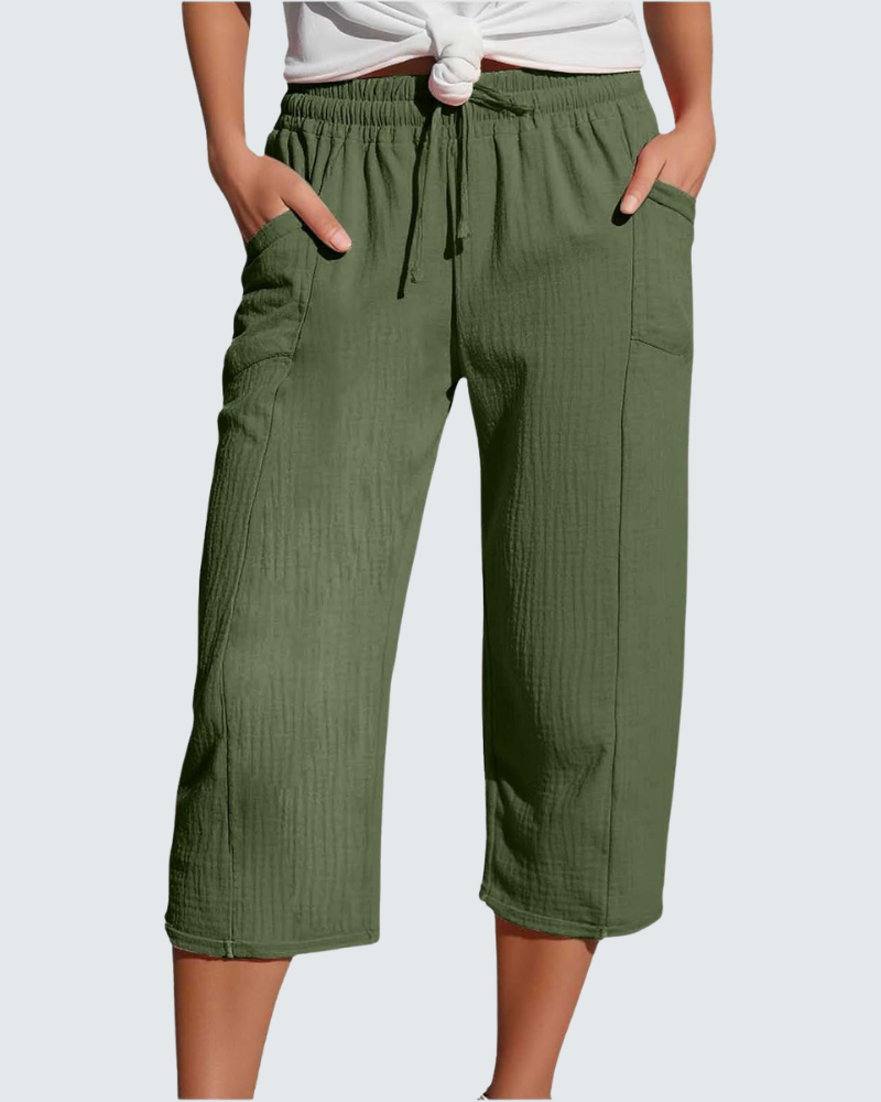 Claire Pantalone Capri Donna in Lino – Pantalone 3/4 Largo con Vita Elastica e Tasche