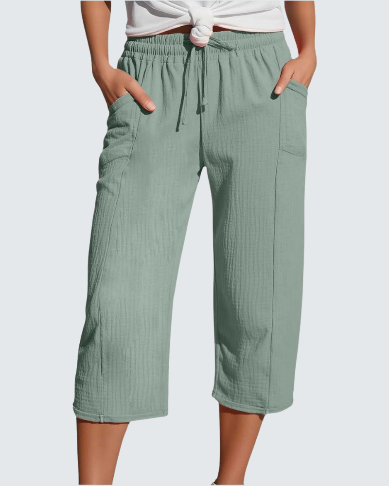 Claire Pantalone Capri Donna in Lino – Pantalone 3/4 Largo con Vita Elastica e Tasche