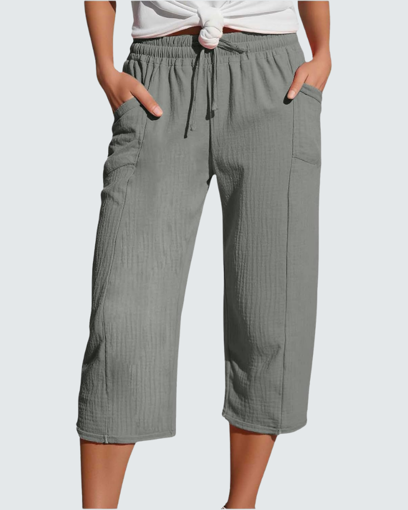 Claire Pantalone Capri Donna in Lino – Pantalone 3/4 Largo con Vita Elastica e Tasche