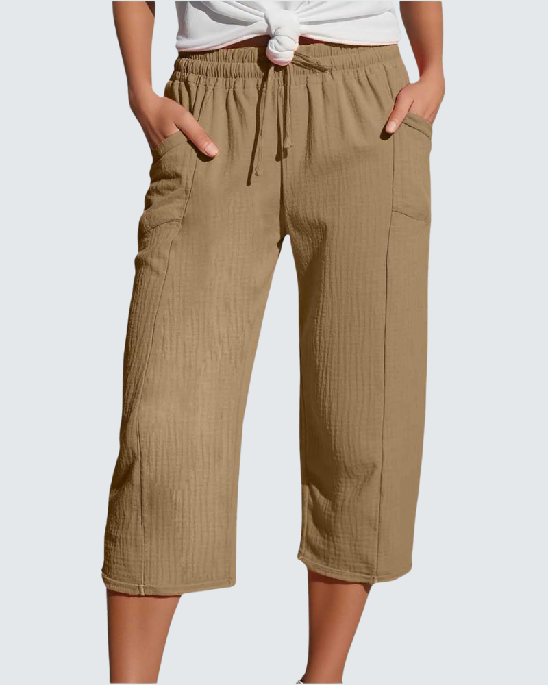 Claire Pantalone Capri Donna in Lino – Pantalone 3/4 Largo con Vita Elastica e Tasche