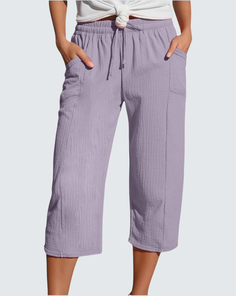 Claire Pantalone Capri Donna in Lino – Pantalone 3/4 Largo con Vita Elastica e Tasche