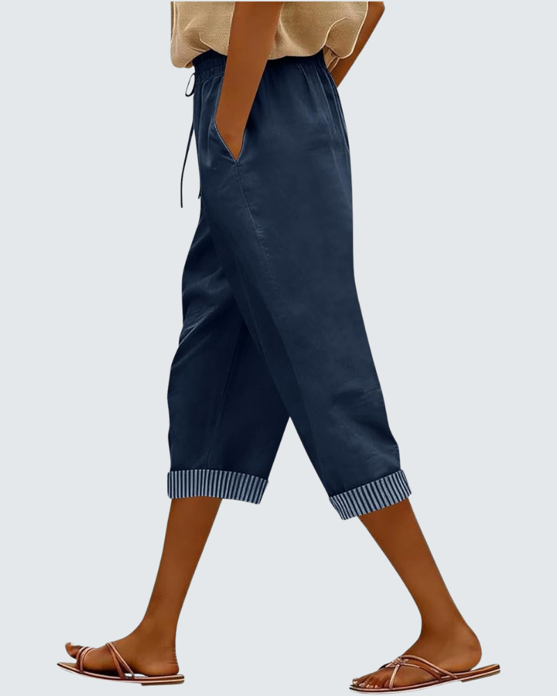 Clara Pantalon Capri Femme en Lin – Pantalon 3/4 Taille Élastique avec Poches