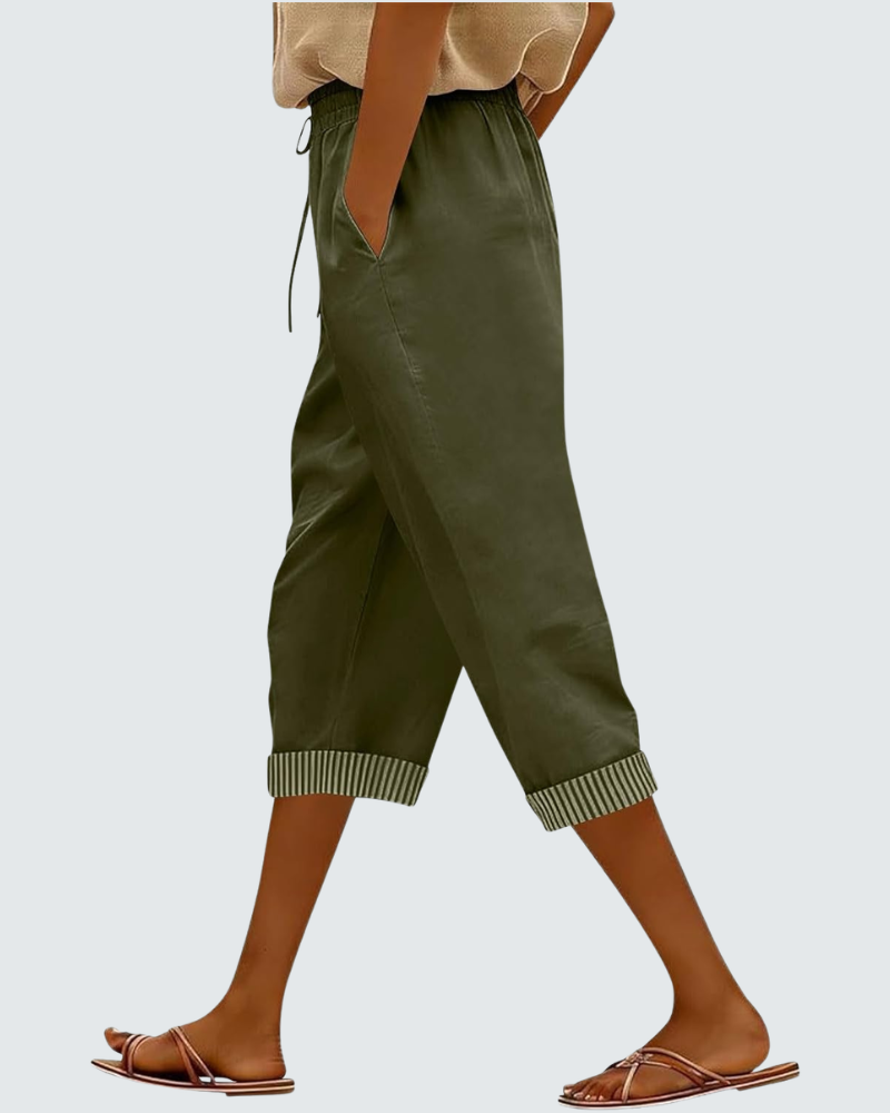 Clara Pantalon Capri Femme en Lin – Pantalon 3/4 Taille Élastique avec Poches