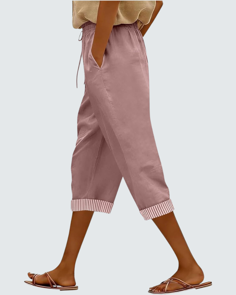 Clara Pantalon Capri Femme en Lin – Pantalon 3/4 Taille Élastique avec Poches