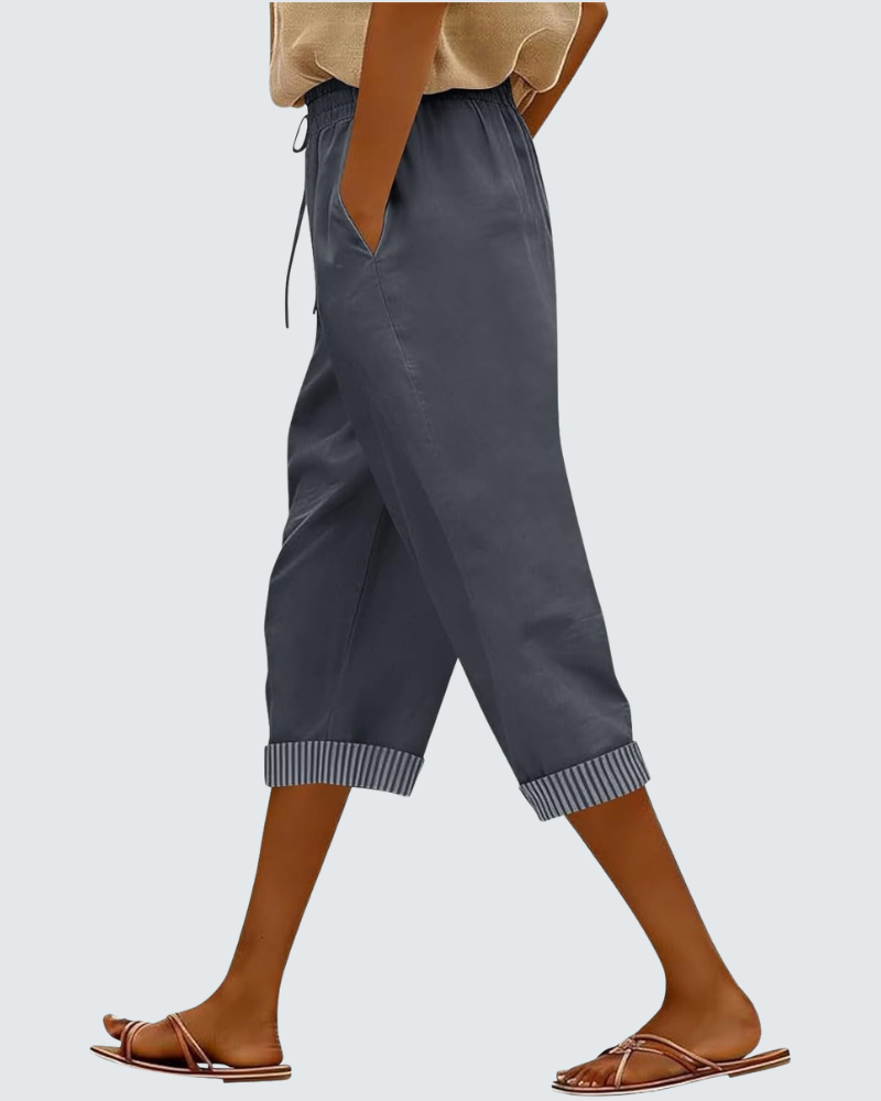 Clara Pantalon Capri Femme en Lin – Pantalon 3/4 Taille Élastique avec Poches