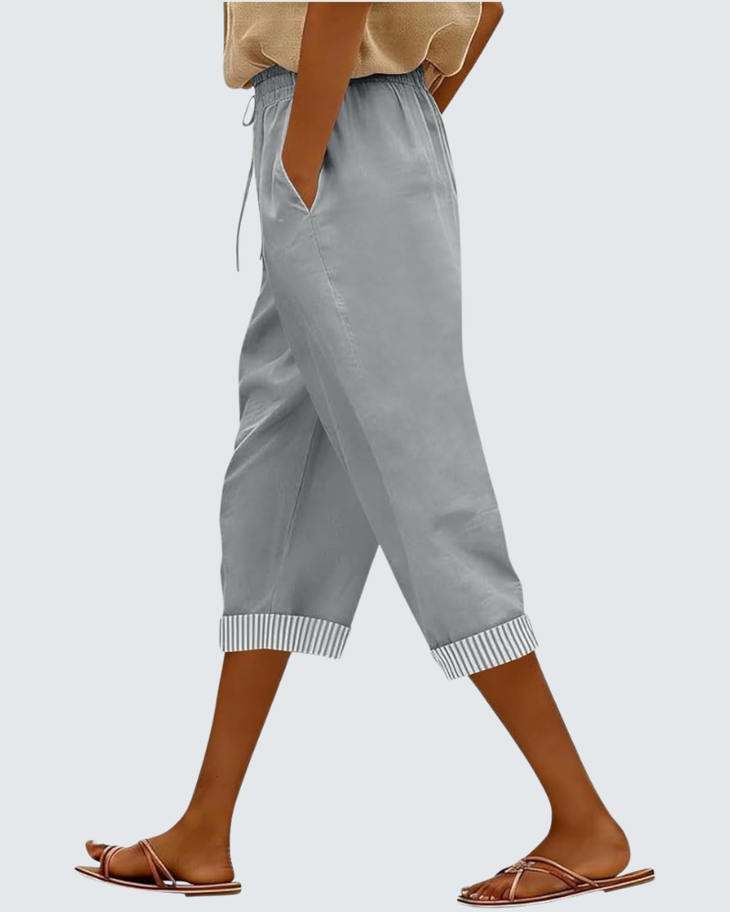 Clara Pantalon Capri Femme en Lin – Pantalon 3/4 Taille Élastique avec Poches