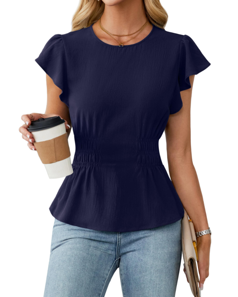 Divina Damenbluse – Rundhalsausschnitt, Volantärmel, geraffte Taille & Business-Casual-Stil