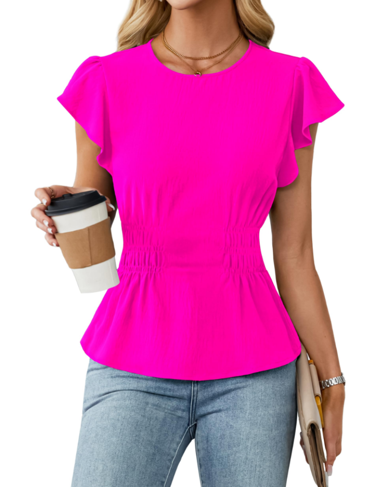 Divina Blusa para Mujer – Cuello Redondo, Mangas con Volantes, Cintura Fruncida y Estilo Casual de Negocios