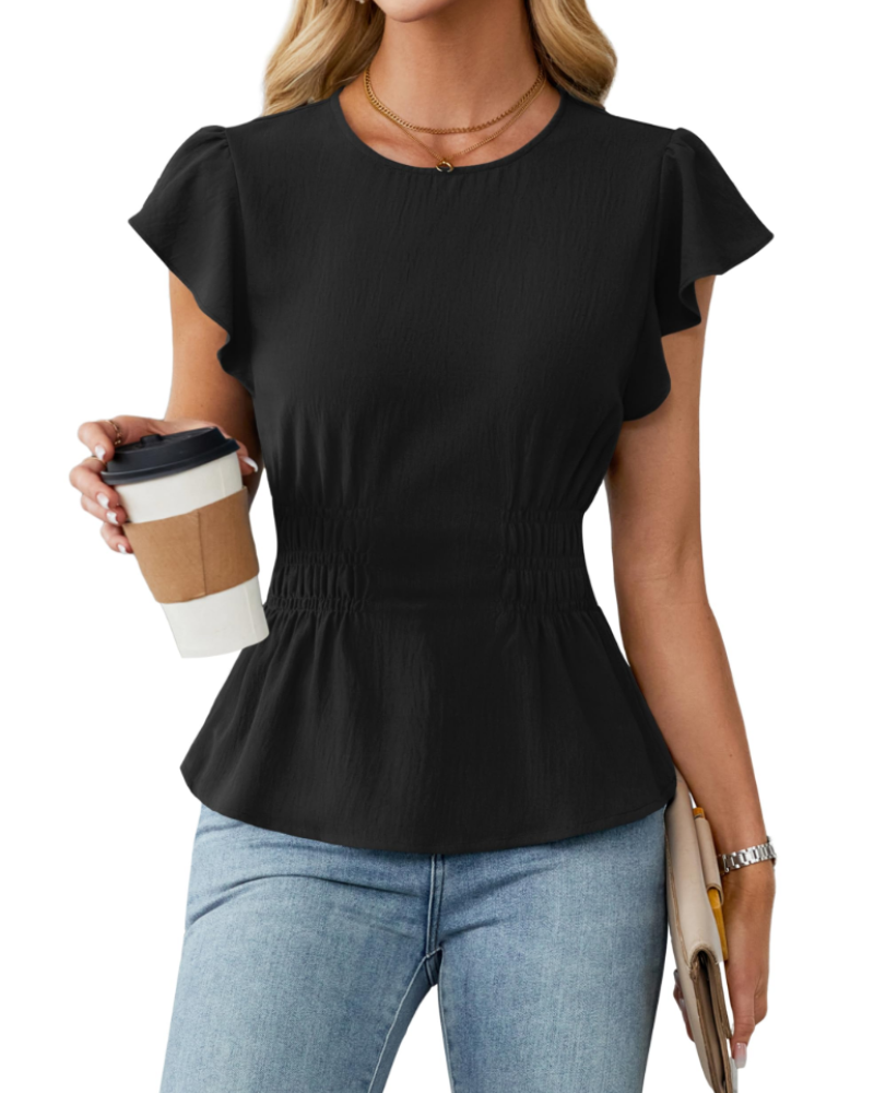 Divina Blusa para Mujer – Cuello Redondo, Mangas con Volantes, Cintura Fruncida y Estilo Casual de Negocios