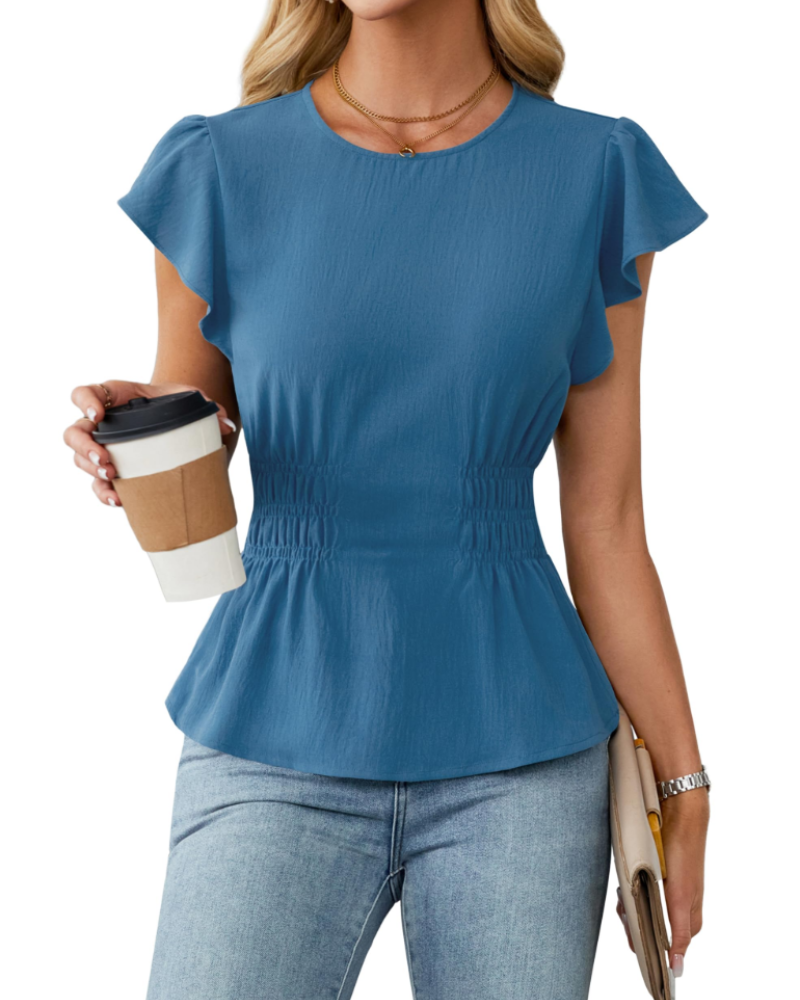 Divina Blusa para Mujer – Cuello Redondo, Mangas con Volantes, Cintura Fruncida y Estilo Casual de Negocios
