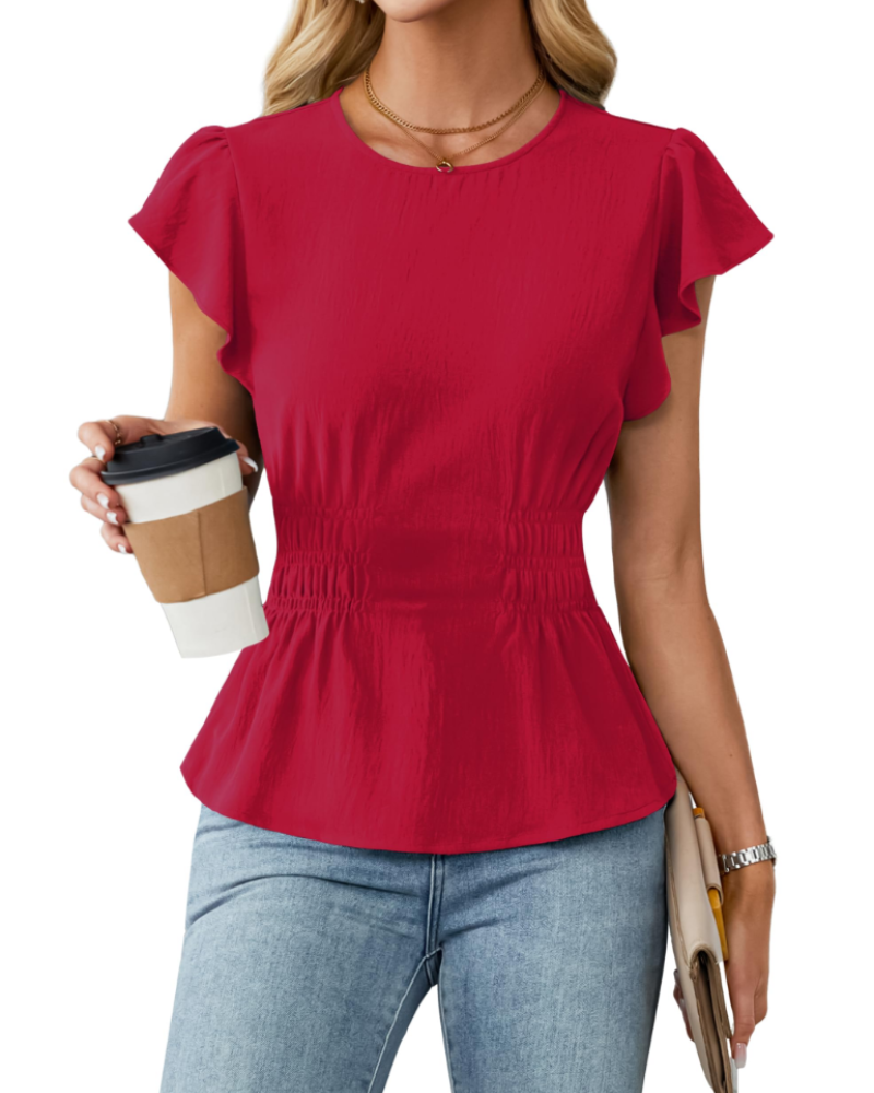 Divina Blusa para Mujer – Cuello Redondo, Mangas con Volantes, Cintura Fruncida y Estilo Casual de Negocios