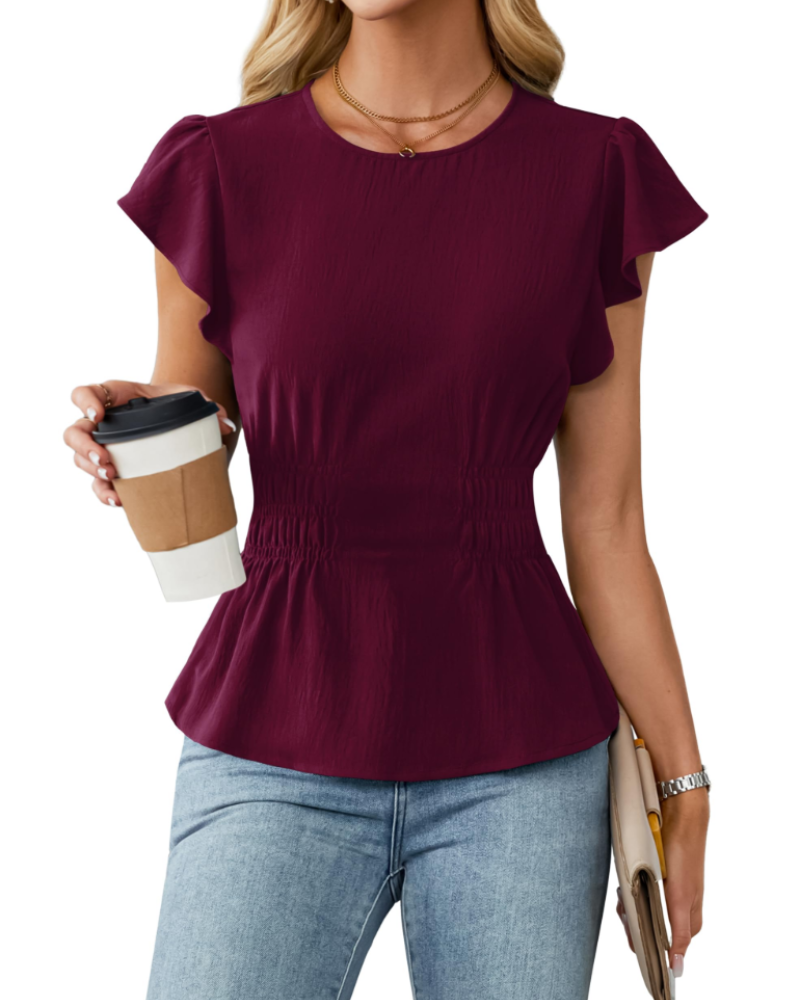 Divina Blusa para Mujer – Cuello Redondo, Mangas con Volantes, Cintura Fruncida y Estilo Casual de Negocios