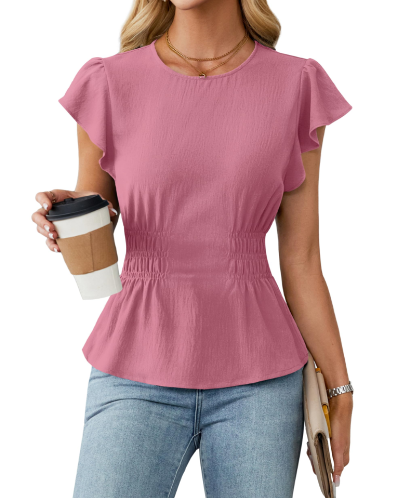 Divina Blusa para Mujer – Cuello Redondo, Mangas con Volantes, Cintura Fruncida y Estilo Casual de Negocios