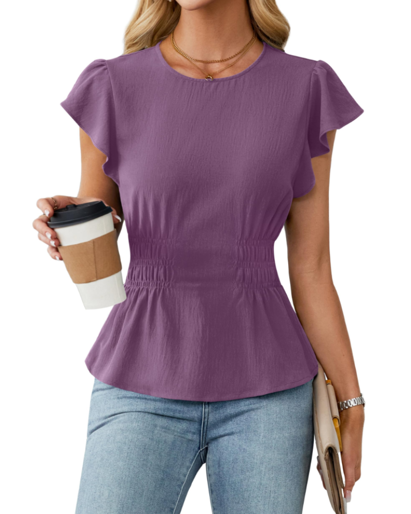 Divina Blusa para Mujer – Cuello Redondo, Mangas con Volantes, Cintura Fruncida y Estilo Casual de Negocios