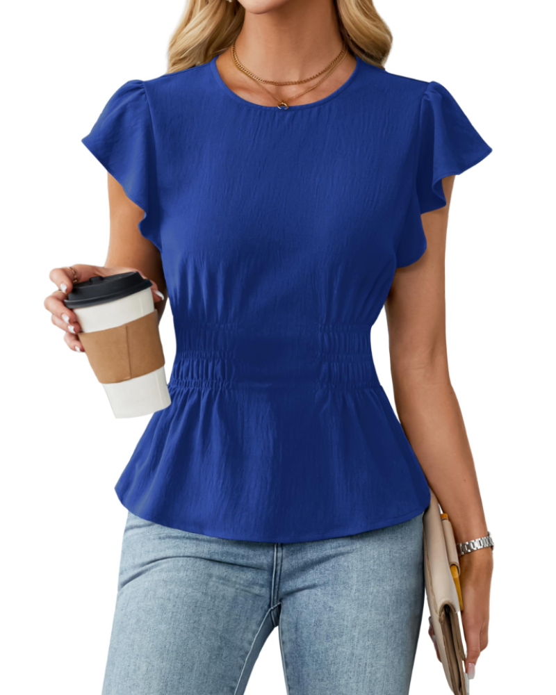 Divina Blusa para Mujer – Cuello Redondo, Mangas con Volantes, Cintura Fruncida y Estilo Casual de Negocios