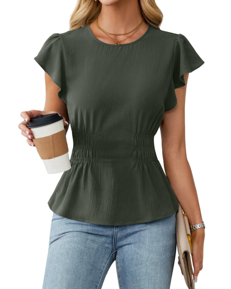 Divina Blusa para Mujer – Cuello Redondo, Mangas con Volantes, Cintura Fruncida y Estilo Casual de Negocios