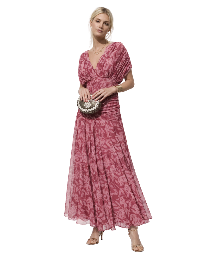 Aurélie Μακρύ Φόρεμα Γυναικείο με Λουλούδια – Κομψή Σταυρωτή V Λαιμόκοψη & Ελαφριά Ραφή με Ροή