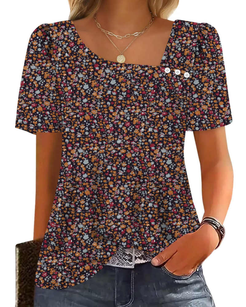 Emina Damen Top – Knopfleiste am quadratischen Ausschnitt, kurze Puffärmel & eleganter Casual-Stil