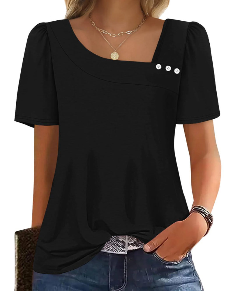 Emina Damen Top – Knopfleiste am quadratischen Ausschnitt, kurze Puffärmel & eleganter Casual-Stil