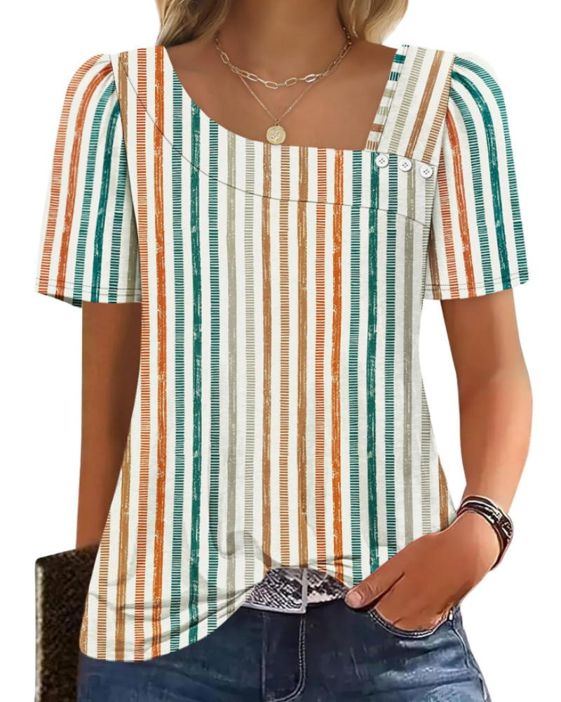 Emina Damen Top – Knopfleiste am quadratischen Ausschnitt, kurze Puffärmel & eleganter Casual-Stil