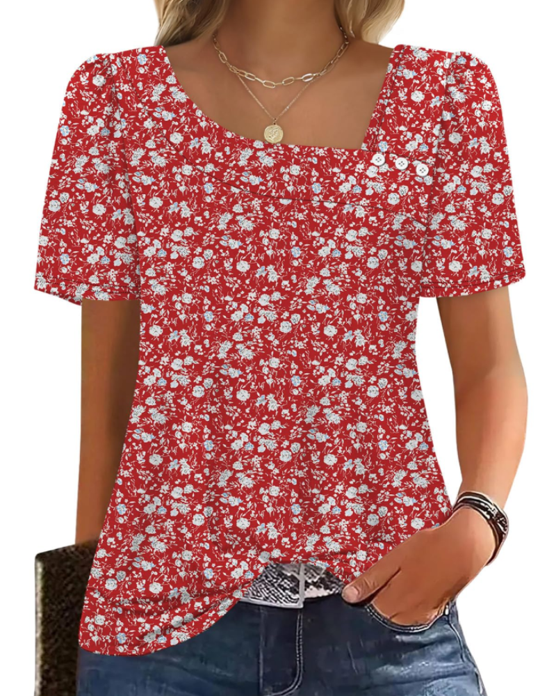 Emina Damen Top – Knopfleiste am quadratischen Ausschnitt, kurze Puffärmel & eleganter Casual-Stil
