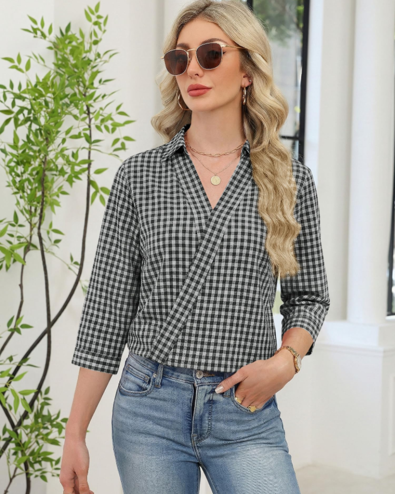 Erma ženska košulja – V-izrez s ovratnikom košulje, elegantne 3/4 rukave za poslovni casual stil