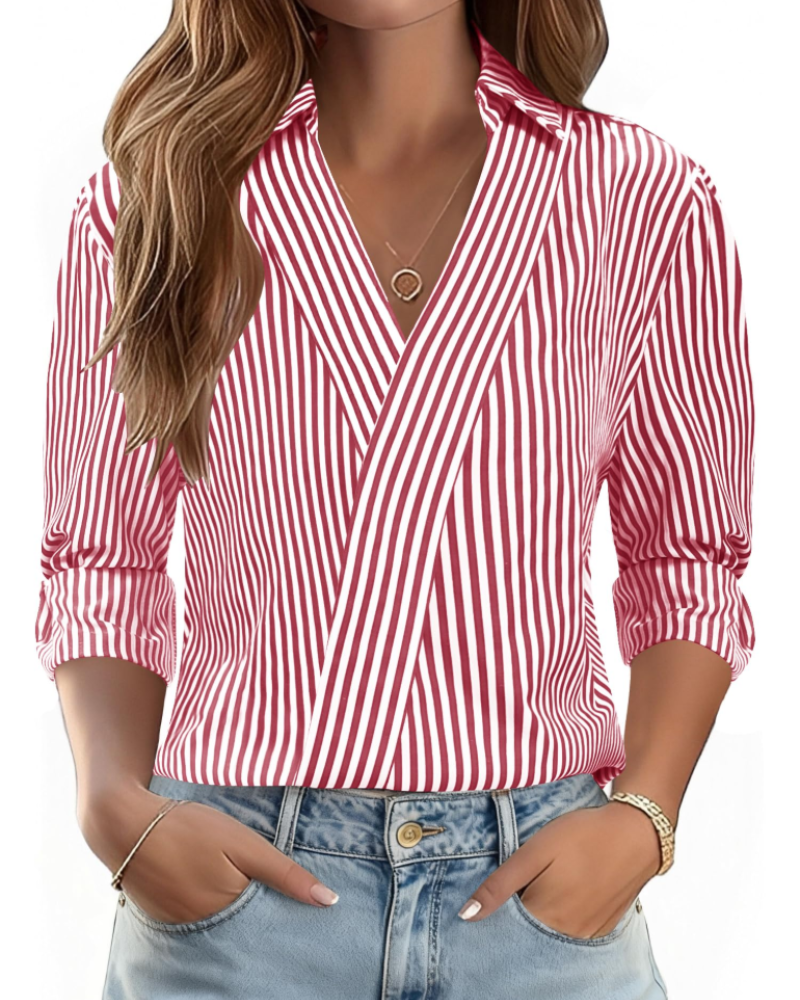 Erma női blúz – V-nyakú inggallérral, 3/4-es ujjú, elegáns üzleti casual