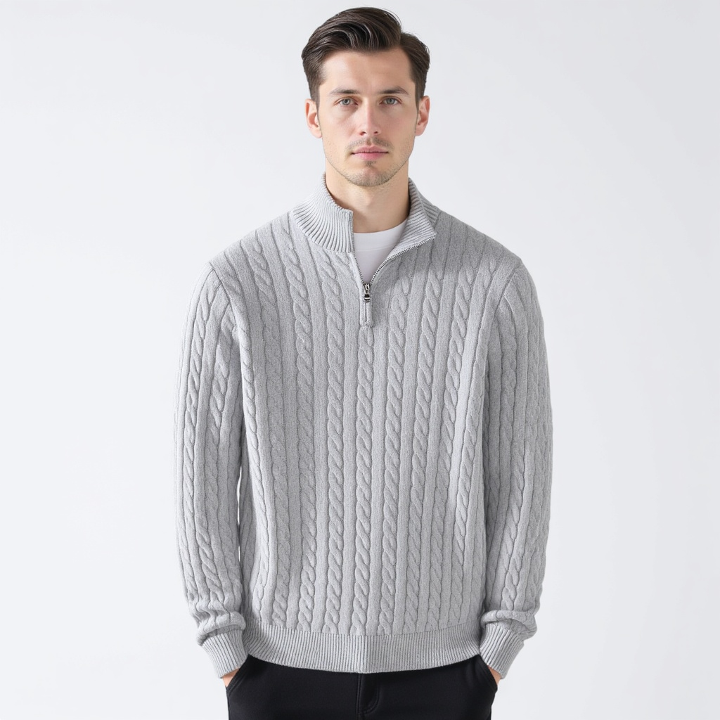 Sweter męski z półzamkiem z dzianiny warkoczowej – elegancki sweter z wysokim kołnierzem z mieszanki wełny w klasycznym stylu