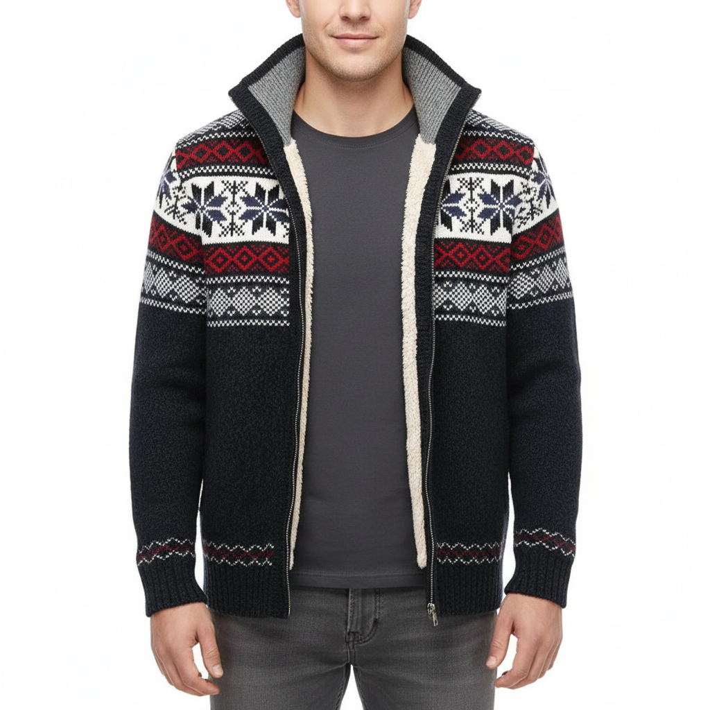 Moris Herren-Fleeceweste – Winter-Jacquardjacke mit hohem Kragen & skandinavischen Mustern