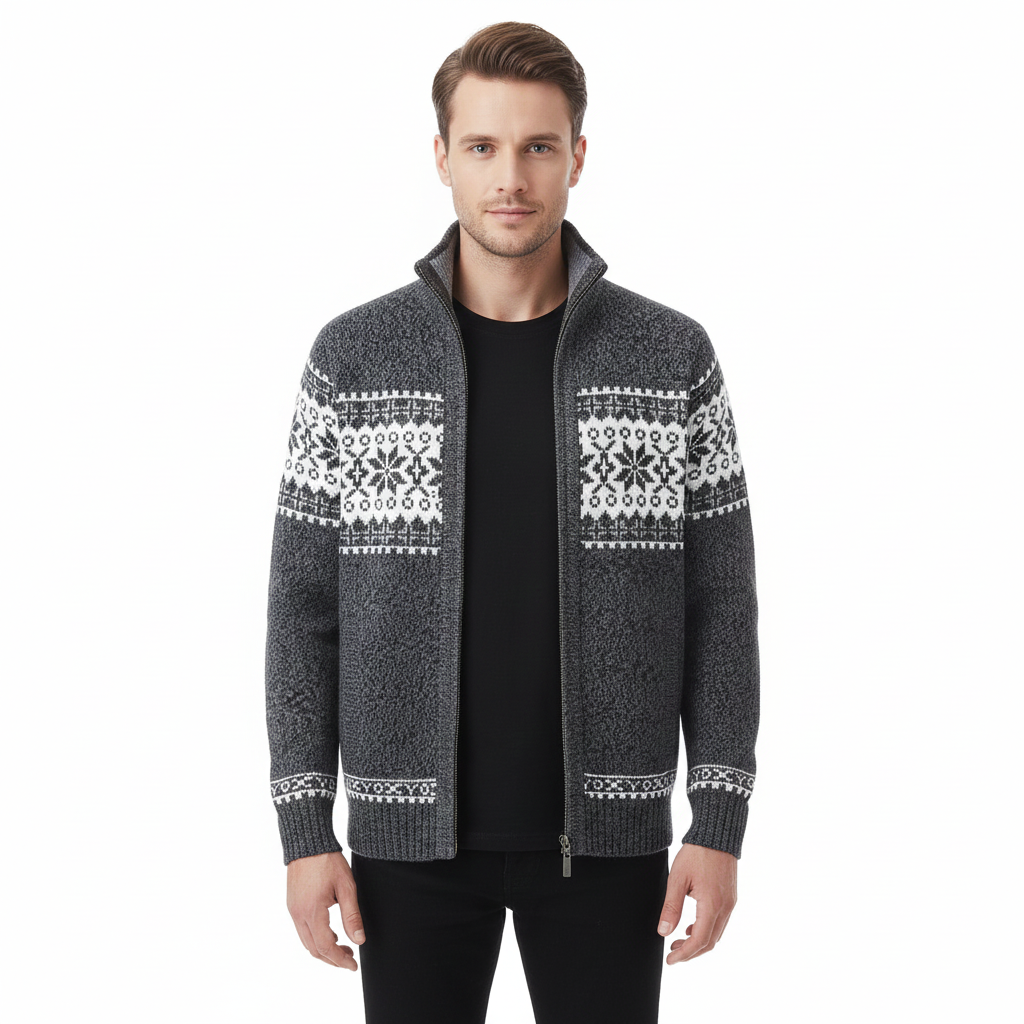 Moris Herren-Fleeceweste – Winter-Jacquardjacke mit hohem Kragen & skandinavischen Mustern