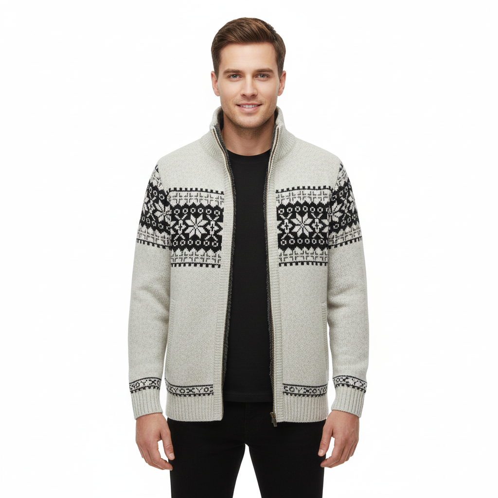 Moris Herren-Fleeceweste – Winter-Jacquardjacke mit hohem Kragen & skandinavischen Mustern