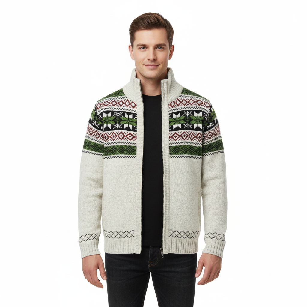 Moris Herren-Fleeceweste – Winter-Jacquardjacke mit hohem Kragen & skandinavischen Mustern