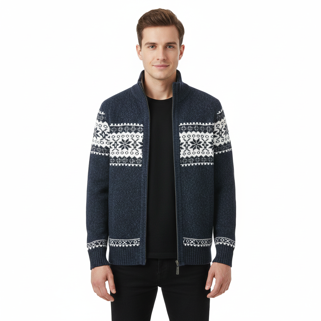 Moris Herren-Fleeceweste – Winter-Jacquardjacke mit hohem Kragen & skandinavischen Mustern