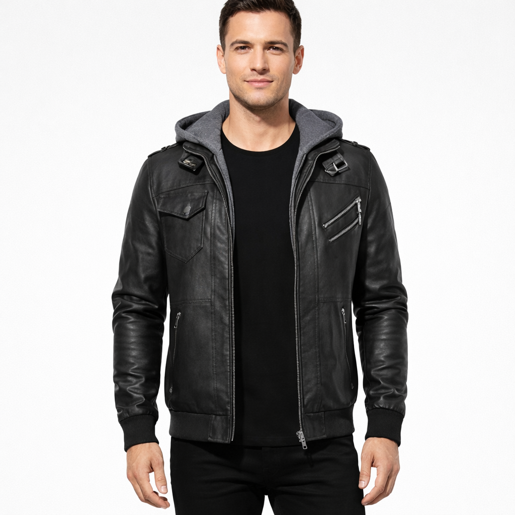 Filipo Men's Leather Jacket with Hood – Modern Jacket Regular Fit Urban Style