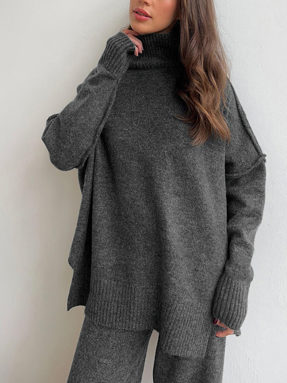 Amy sæt loungewear til kvinder i strik – blødt sæt med rullekrave og løse bukser